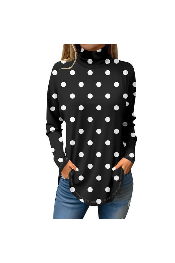 TQWQT Mock Turtle Necks Tops for Women Plus Size Polka Dot Printed T-Shirts Turtleneck Long Sleeve Loose Fit Curved Hem Graphic Tee Fall Outfits 2024 Black 2XL