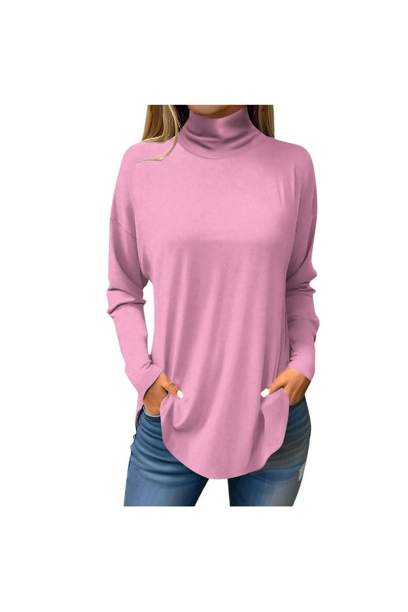 TQWQT Mock Turtle Necks Tops for Women Plus Size Solid Color Printed T-Shirt Turtleneck Long Sleeve Loose Fit Curved Hem Graphic Tee Fall Outfits 2024 Tunic Top Pink 3XL