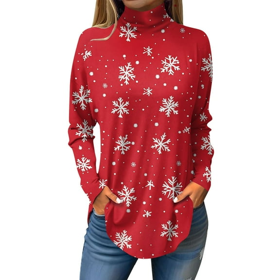TQWQT Mock Turtle Necks Tops for Women Plus Size Xmas Tree Snowflake Printed T-Shirt Mockneck Long Sleeve Loose Fit Curved Hem Graphic Tee Fall Outfits 2024 Tunic Top Watermelon Red 3XL