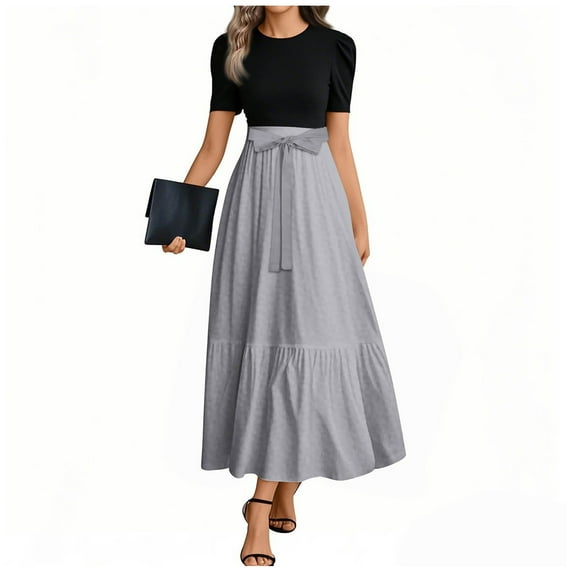 TQWQT Modest Dresses for Women Modest Trendy Short Sleeve Teacher Dress Maxi Dresses Plain Print Long T-Shirt Dress Wedding Guest Office Attire Gray L