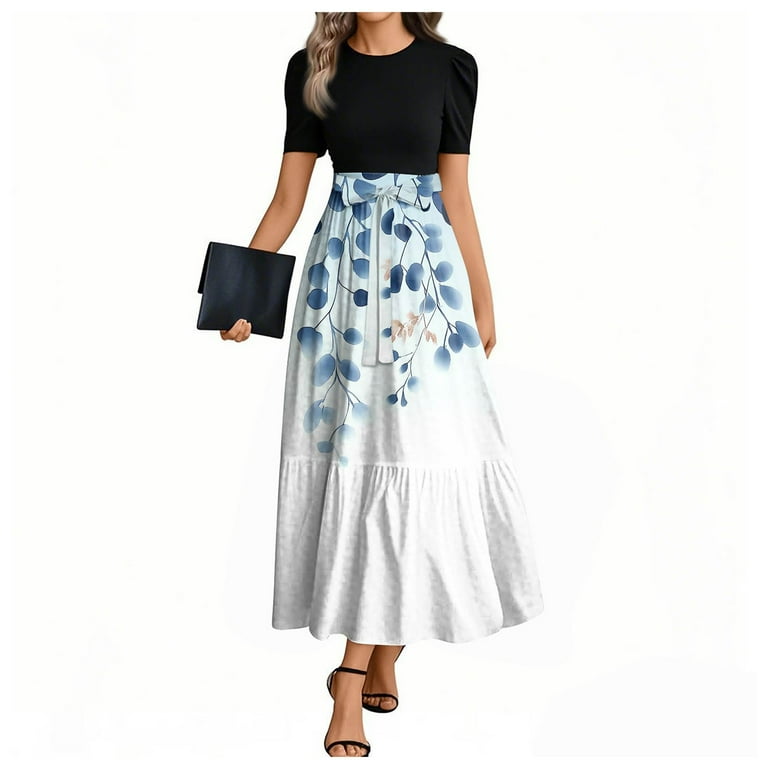 TQWQT Modest Dresses for Women Short Sleeve Teacher Dress Business Maxi Dresses Floral Print Cute Empire Waist Patchwork Ruffle Hem A Line Dress Fashion Funeral Outfit Blue L