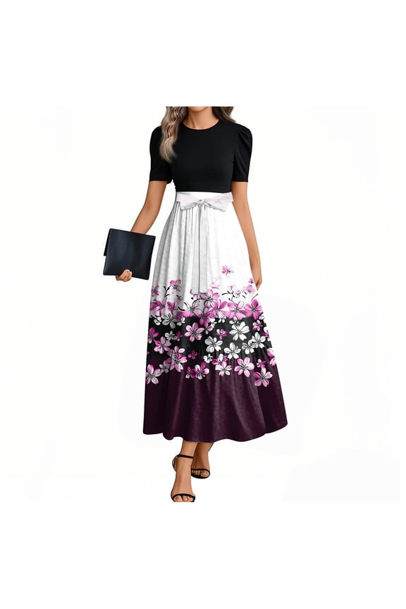 Modest Dresses for Women Church Cute Short Sleeve Maxi Dresses Floral Print Patchwork Ruffle Hem A Line Dresses Fashion Teacher Outfits Purple M