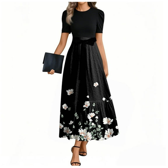 TQWQT Modest Dresses for Women Modest Cute Short Sleeve Church Dresses Floral Print Long Patchwork Ruffle Hem A Line Dress Plus Size Teacher Outfits Black M