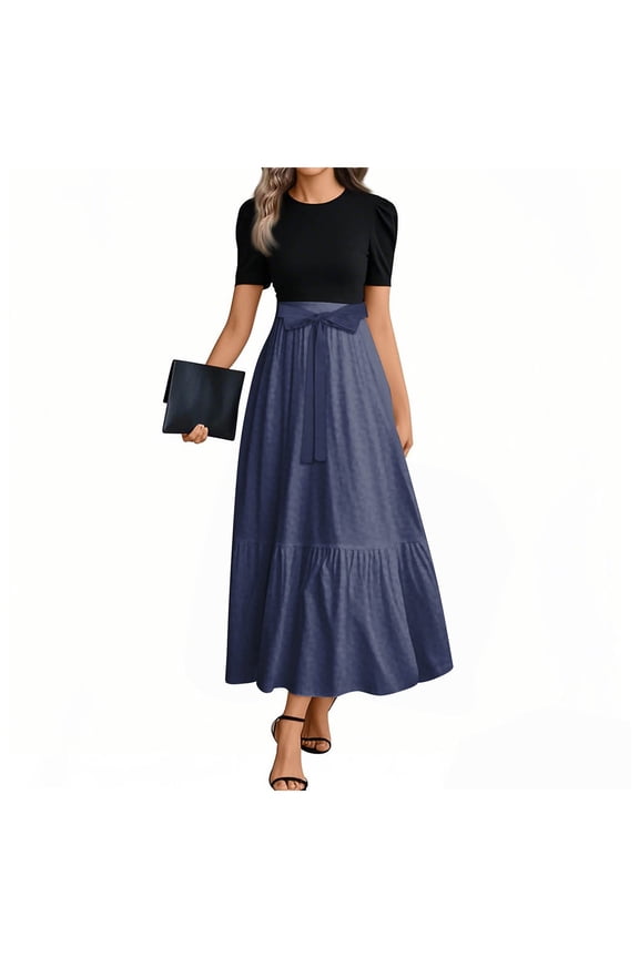 Modest Dresses for Women Short Sleeve Plain Print Cute Maxi Dresses Empire Waist Work Patchwork Ruffle Hem A Line Dresses Plus Size Teacher Clothes Navy M