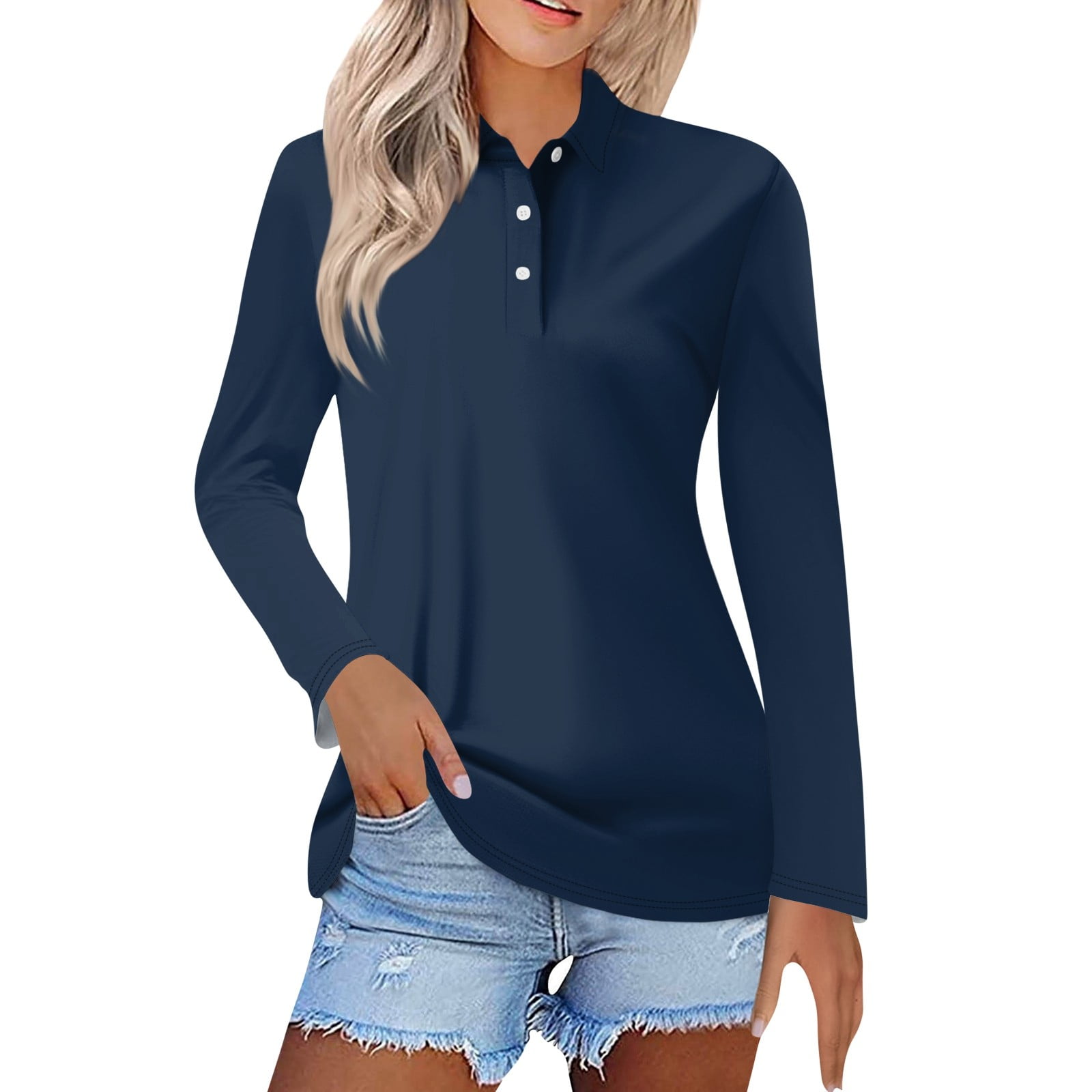TQWQT Navy Polo Shirt Women Long Sleeve Polo Shirts V Neck Button Fall ...