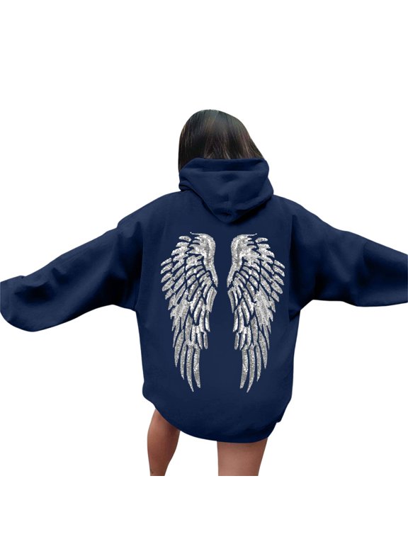 Oversized Hoodie Women Angel Wings Sequin Back Loose Long Sleeve Pullover Sweatshirt Fall Winter Fashion Streetwear Y2K Aesthetic Tops Plus Size Casual Coat Navy XL