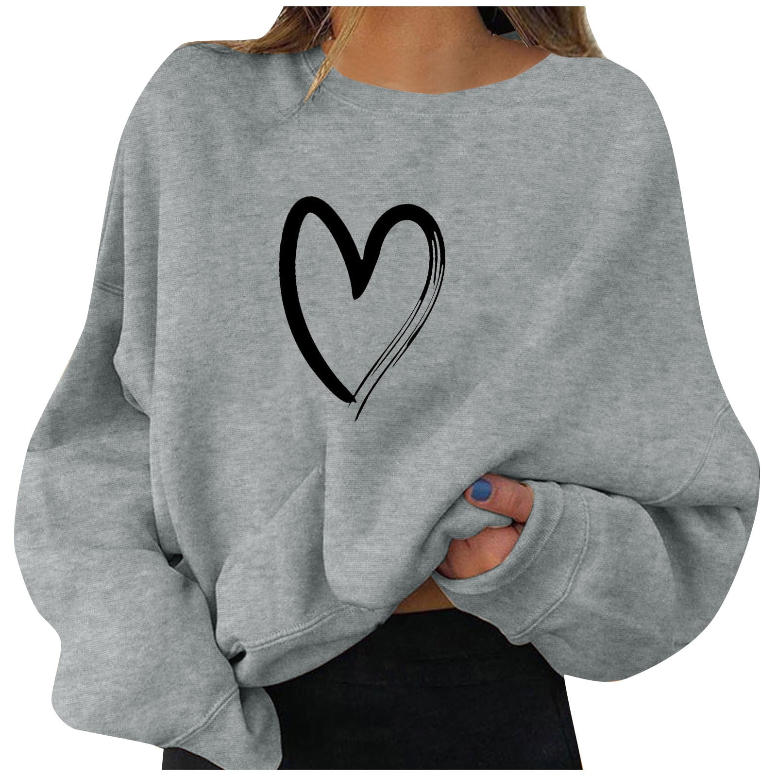 Valentines Day Shirts Womens Plus Size Long Sleeve Casual Tunic Tops  Crewneck Cute Love Heart Print Loose Pullover（White,XXXL) 