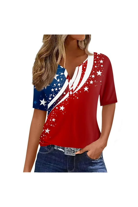 Patriotic Shirts for Women Short Sleeve 4th of July Shirts Henley V Neck Button 4th of July Shirts Independence Day USA Shirts