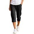 thumbnail image 1 of TQWQT Pedal Pushers for Women Drawstring Cotton Linen Capri Pants Dressy Casual Elastic Waist Wide Leg Cropped Pants Trendy Summer Palazzo Trousers with Pockets Black L, 1 of 9