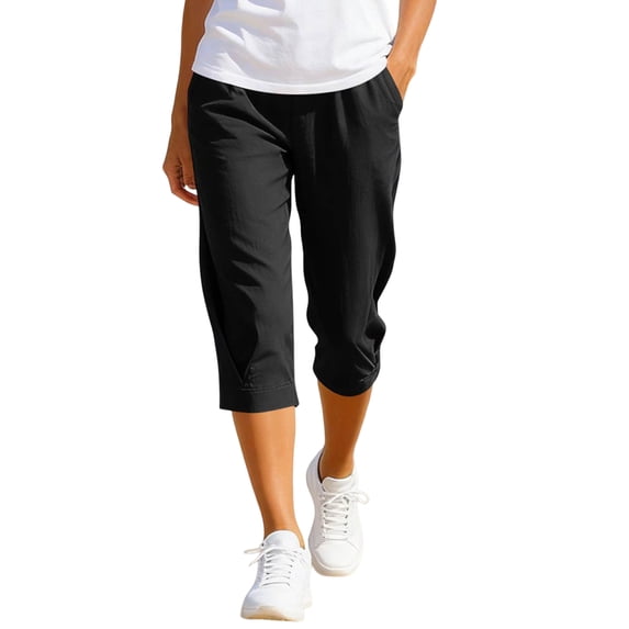 TQWQT Pedal Pushers for Women Drawstring Cotton Linen Capri Pants Dressy Casual Elastic Waist Wide Leg Cropped Pants Trendy Summer Palazzo Trousers with Pockets Black L