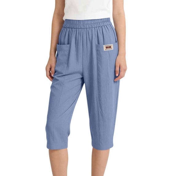 TQWQT Pedal Pushers for Women Drawstring Cotton Linen Capri Pants Dressy Casual Wide Leg Elastic Waist Lightweight Lounge Pants Trendy Summer Palazzo Trousers with Pockets Blue L