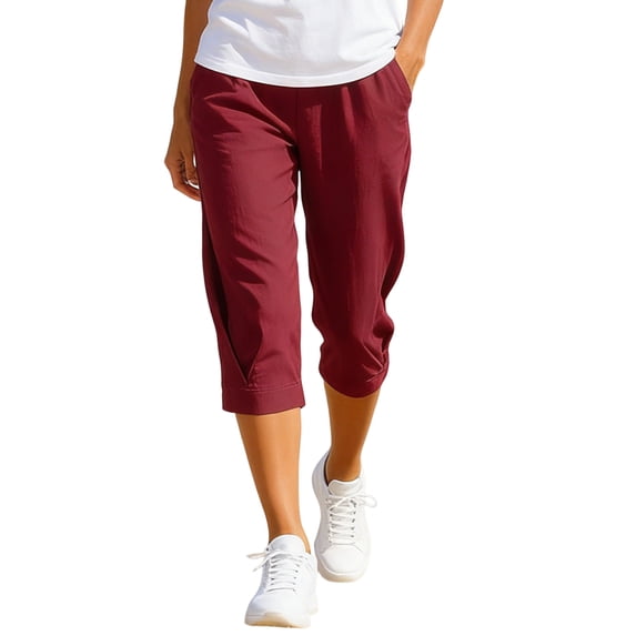 TQWQT Pedal Pushers for Women Drawstring Cotton Linen Capri Pants Dressy Casual Wide Leg High Waisted Work Lounge Pants Trendy Summer Palazzo Trousers with Pockets Wine L