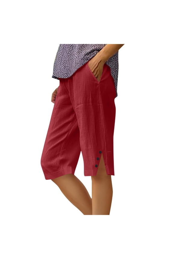 Pedal Pushers for Women Dressy Casual Bermuda Shorts Knee Length Side Split Button Gauze Pants Trendy Summer Linen Capri Pants with Pockets Red XL