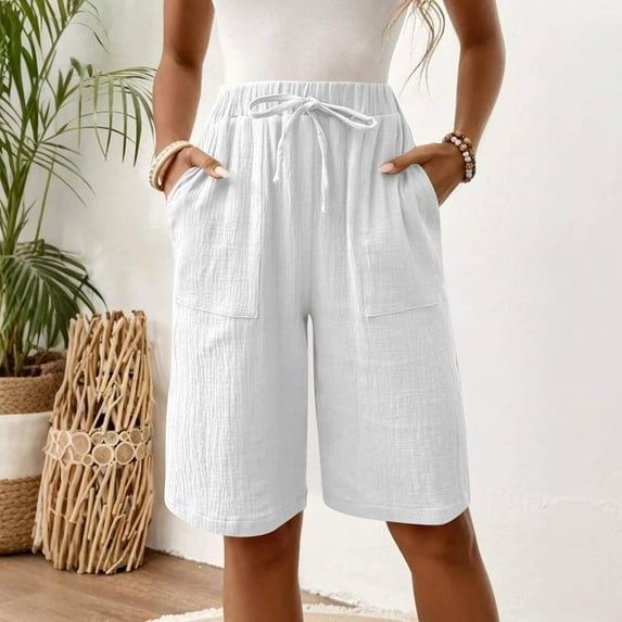 TQWQT Pedal Pushers for Women Linen Capri Pants Dressy Casual Knee Length Elastic Waist Comfy Shorts Trendy Summer Linen Capri Pants with Pockets White XL