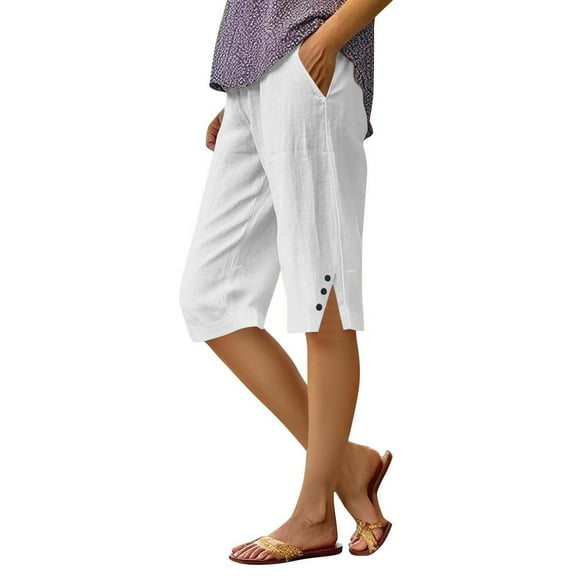 TQWQT Pedal Pushers for Women Linen Capri Pants Trendy Summer Elastic Waist Knee Length Plus Size Shorts Dressy Casual Linen Capris with Pockets White XL