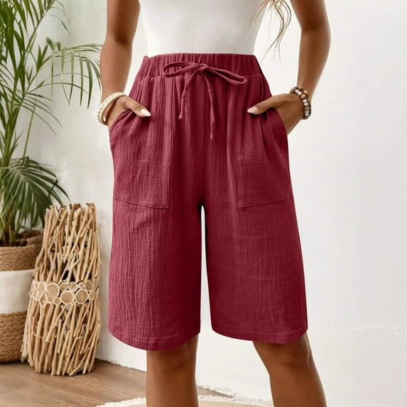 TQWQT Pedal Pushers for Women Bermuda Shorts Knee Length Trendy Summer Elastic Waist Comfy Shorts Dressy Casual Linen Capris with Pockets Red 2XL