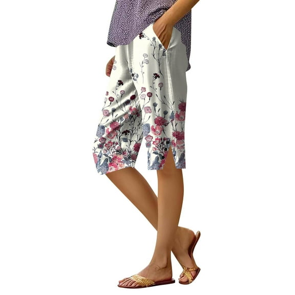TQWQT Pedal Pushers for Women Bermuda Shorts Trendy Summer Elastic Waist Knee Length Comfy Shorts Dressy Casual Linen Capris with Pockets Pink L