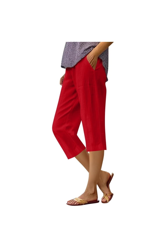 Pedal Pushers for Women Bermuda Shorts Trendy Summer Knee Length High Waisted Ladies Shorts Dressy Casual Linen Capris with Pockets Red M