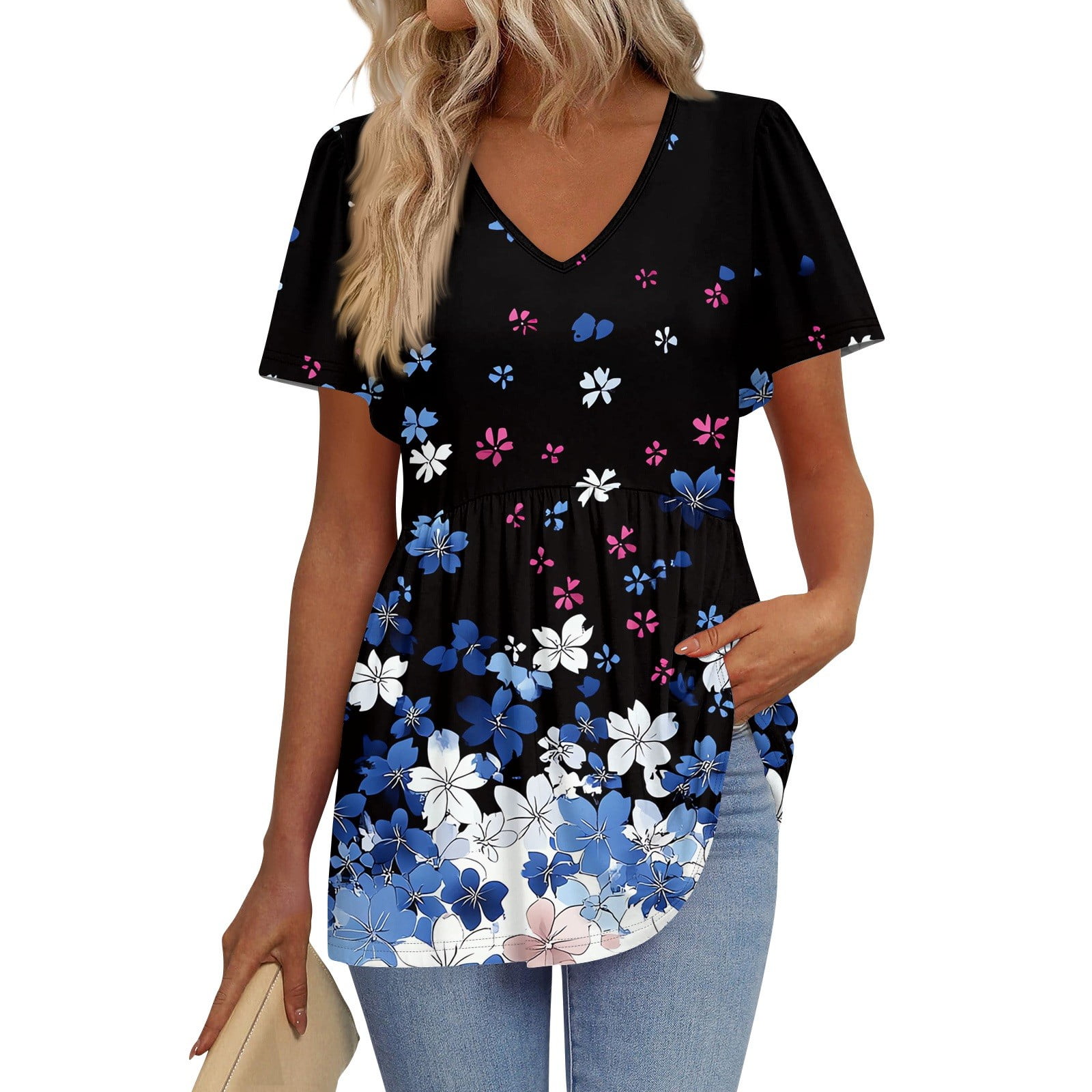 TQWQT Peplum Tops for Women Cute V Neck Babydoll Short Sleeve Blouse ...