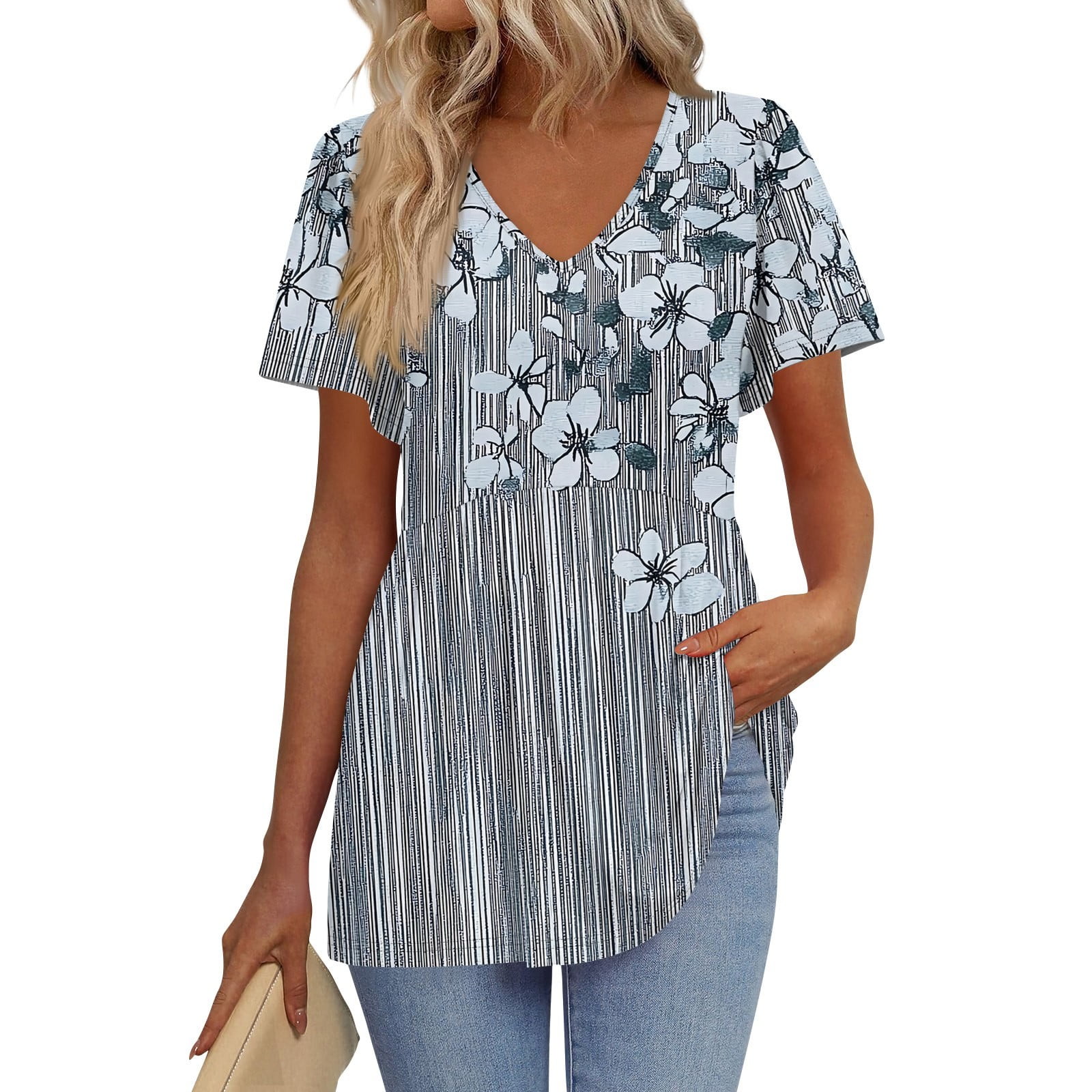 TQWQT Peplum Tops for Women Cute V-Neck Babydoll Short Sleeve Tunic Top ...
