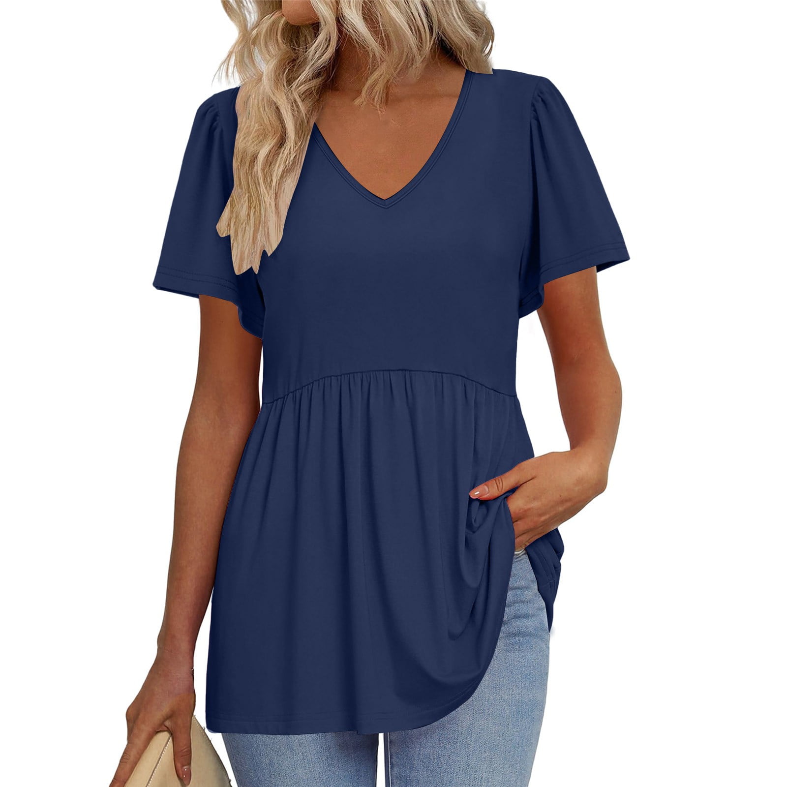 TQWQT Peplum Tops for Women Short Sleeve Babydoll V-Neck Summer Tops ...