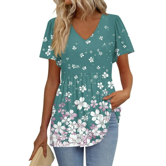 TQWQT Peplum Tops for Women Trendy V Neck Tunic Tops Babydoll Short Sleeve Summer Tops Ruffle Puff Sleeve Floral Blouses Plus Size Maternity Clothes Turquoise L