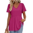 thumbnail image 1 of TQWQT Peplum Tops for Women Trendy Vneck Babydoll Short Sleeve Tunic Top Solid Color Flowy Shirt Puff Sleeve Blouses Beach Vacation Clothes Hot Pink XL, 1 of 5