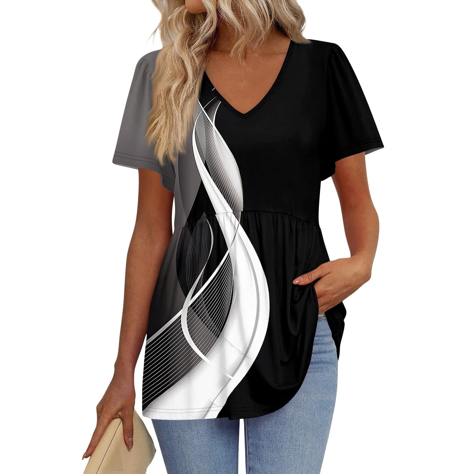TQWQT Peplum Tops for Women Short Sleeve Babydoll V-Neck Tops Plus Size ...