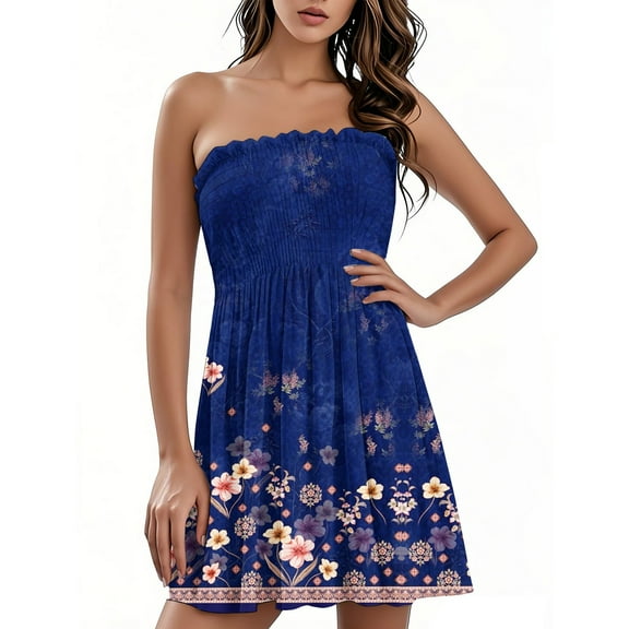 TQWQT Petite Summer Dresses for Women Vacation Beach Cover Ups Strapless Sexy Tube Dress Casual Floral Print Off Shoulder Sun Dresses Purple L