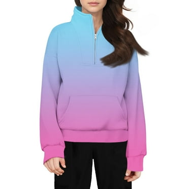 TQWQT Pink Girls Sweatshirt Kids 10-12 Long Sleeve Gradient Color Crop Tops Cute Half Zip Hoodies for Girls Tween Girls Pullover Clothes for Girls Blue 150(11-12Y)