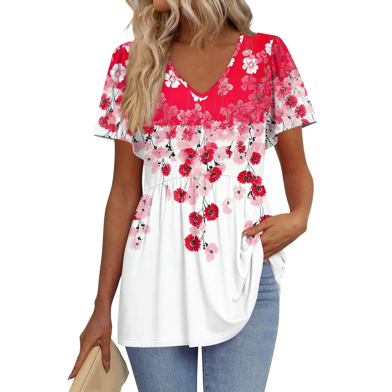TQWQT Pink Peplum Tops for Women Short Sleeve Babydoll Vneck Tops ...