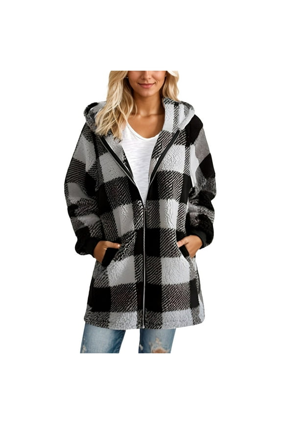 TQWQT Plaid Jackets for Women Christmas Plaid Sherpa Jackets Wool Hooded Cardigans Fuzzy Fleece Coat Warm Zip Up Sweatshirt with Hood Gray 4XL
