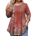 thumbnail image 1 of TQWQT Plus Size 3/4 Sleeve Floral Tunic - Round Neck, Stretchy Easy-Care Material, High-Low Hem, Flowy Loose Fit Top, Ideal for Weekend/Work L, 1 of 5