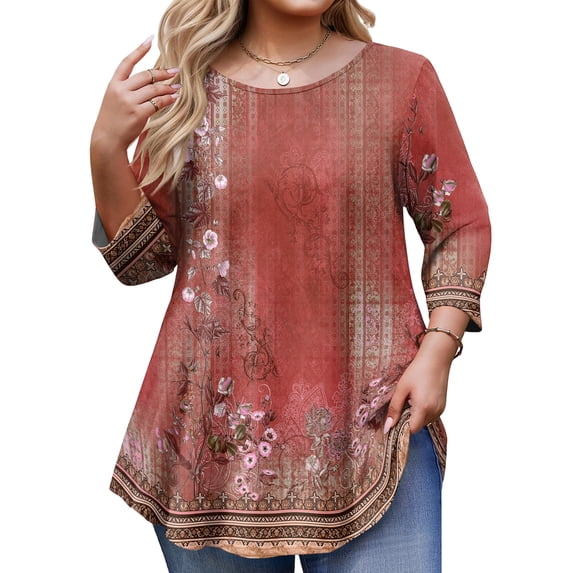 TQWQT Plus Size 3/4 Sleeve Floral Tunic - Round Neck, Stretchy Easy-Care Material, High-Low Hem, Flowy Loose Fit Top, Ideal for Weekend/Work L