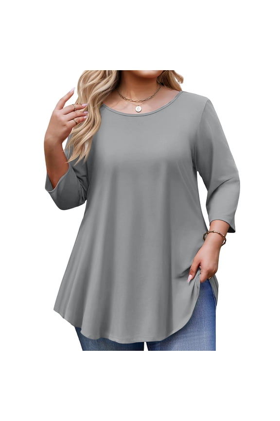 Plus Size 3/4 Sleeve Light Gray Tunic Shirt - Scoop Neck, Stretchy Breathable Fabric, High-Low Hem, Loose Swing Blouse, Easy Care for Casual 2XL