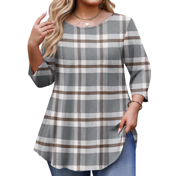 TQWQT Plus Size 3/4 Sleeve Plaid Tunic Top - Round Neck, Soft Easy-Care Fabric, High-Low Hem, Leggings-Friendly Loose Blouse, Ideal for Layering/Work L