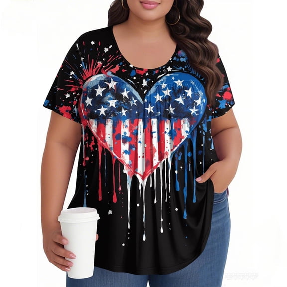 TQWQT Plus Size American Flag Tops for Women Loose Fit Casual Flowy Tunics Short Sleeve Crewneck Stars and Stripes Print Blouses Summer Trendy Tunics Royal Blue 3XL