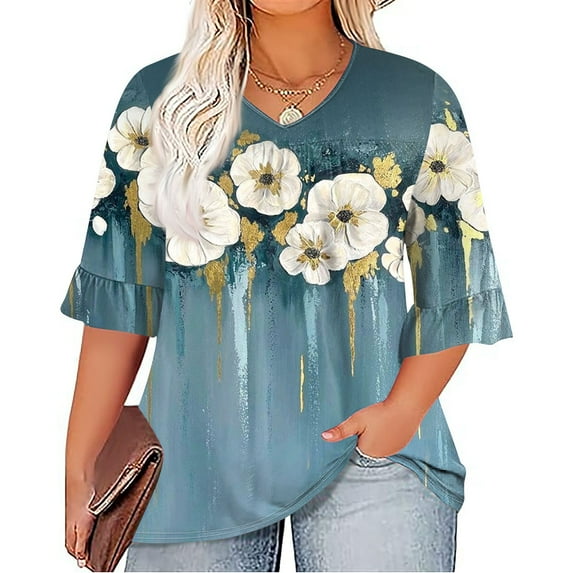 TQWQT Plus Size Blouse for Women Loose Fit Cute Shirt Ruffle 3/4 Sleeve V Neck Pleated Shirt Ethnic Floral Print Tshirts Summer Tunic Tops Sky Blue 2XL
