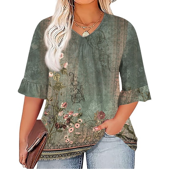 TQWQT Plus Size Blouse for Women Loose Fit Sexy Tunics Ruffle 3/4 Sleeve V Neck Pleated Shirt Ethnic Floral Graphic T-Shirt Summer Tunics Shirts Army Green 2XL