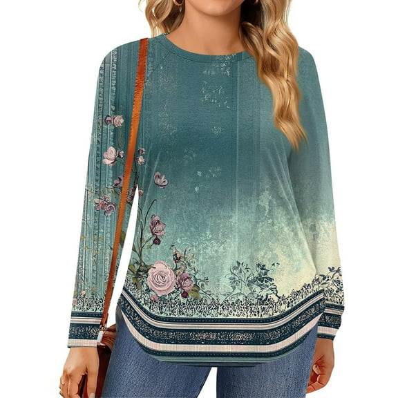 TQWQT Plus Size Blouses for Women Cute Flowy Plus Size Tops Crewneck Long Sleeve Plus Top Dressy Casual Floral Graphic Tees Loose Fit Fall Outfits Blue XL
