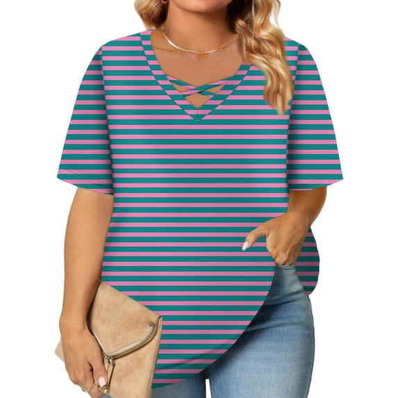 TQWQT Plus Size Blouses for Women Fashion Striped Color Block Womens Tops V Neck Criss Cross Women Plus Sizes Short Sleeve Blouse Dressy Casual Graphic Tees Loose Fit Clothes for Women 3XL