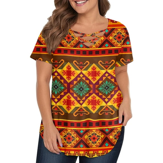 TQWQT Plus Size Blouses for Women Summer Spring Fashion V Neck Criss Cross Short Sleeve T Shirts Curvy Women Aztec Print Dressy Casual Tunics Loose Fit Summer Outfits Orange 2XL