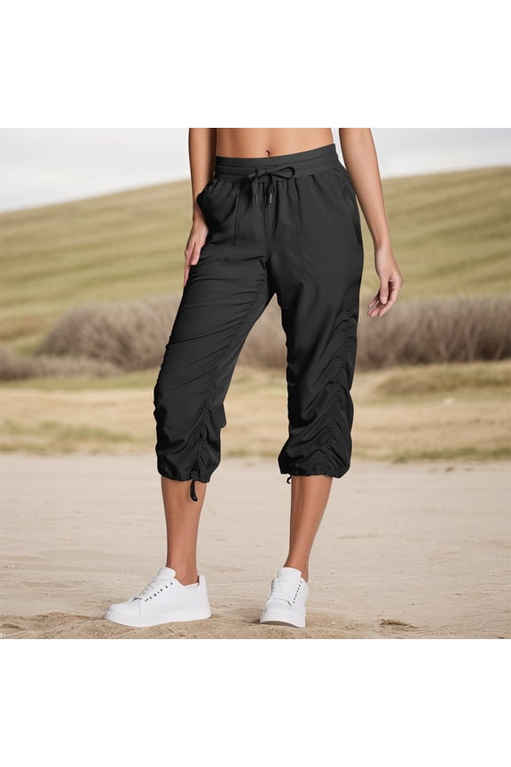 TQWQT Plus Size Capri Pants for Women Activewear Cropped Pants Quick Dry Drawstring Workout Summer Hiking Cargo Joggers with Pockets Black XL