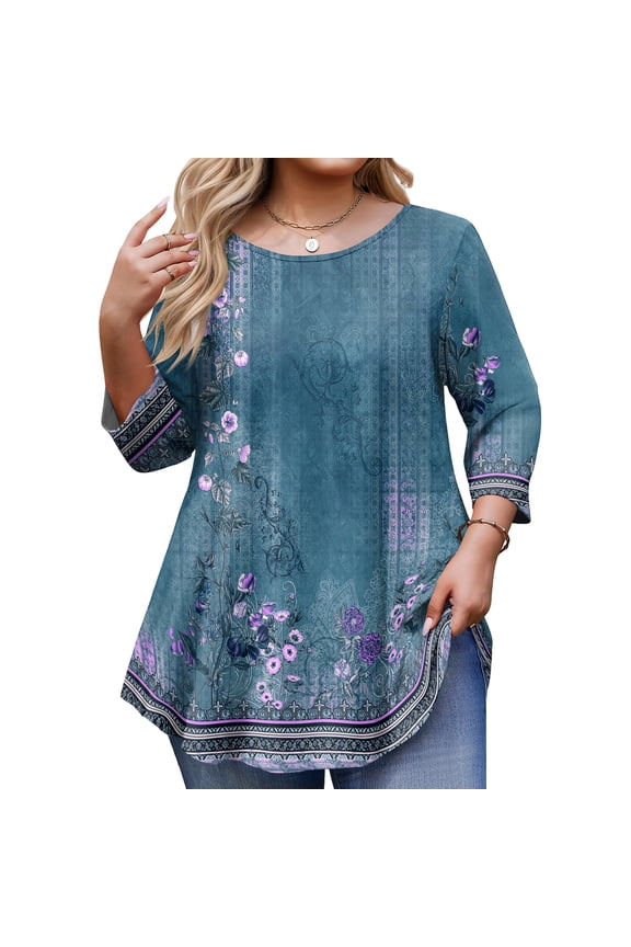 Plus Size Floral 3/4 Sleeve Tunic Top for Women Loose Relaxed Fit Comfort Stretch Blouse for Casual Work Wear 2XL