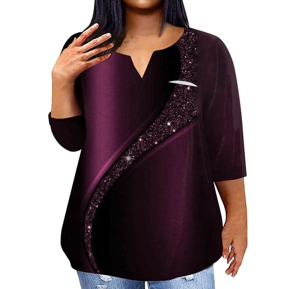 TQWQT Plus Size Going Out Tops for Women Dressy Casual 3/4 Sleeve Shirts Tie Dye Gradient Tunic V Neck Loose Fitting Tunics with Front Pocket Dark Purple 5XL