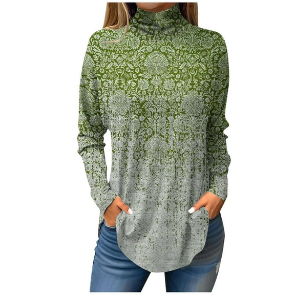 TQWQT Plus Size High Neck Blouses for Women Loose Fit Floral Print Tunic Top Long Sleeve Turtleneck T Shirts Trendy Curved Hem Graphic Tee Fall Outfits 2024 Green XL