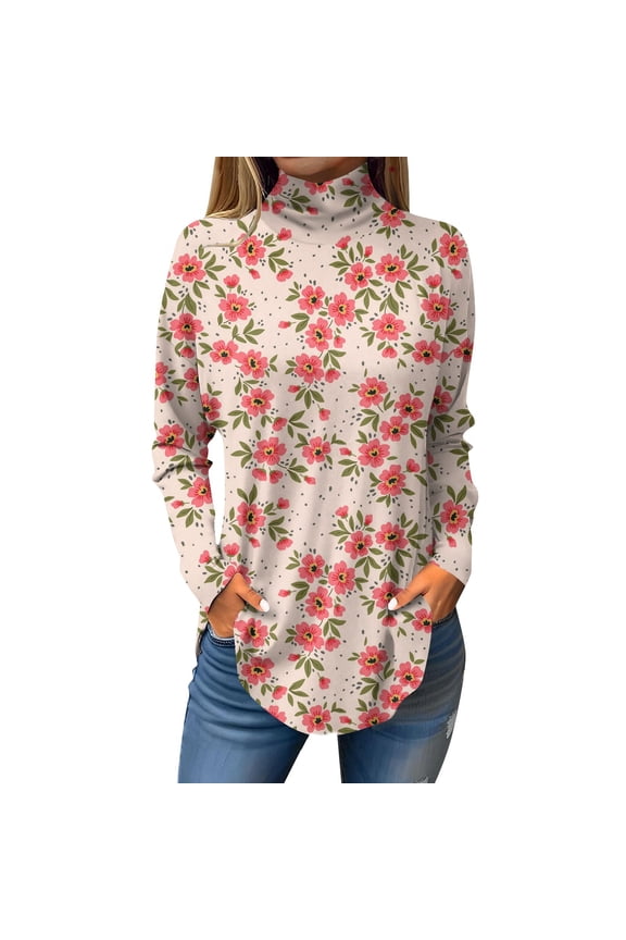 Plus Size High Neck Blouses for Women Long Sleeve Floral Printed Curved Hem Graphic Tee Turtleneck Loose Fit T-Shirt Fall Tunic Top Orange 2XL