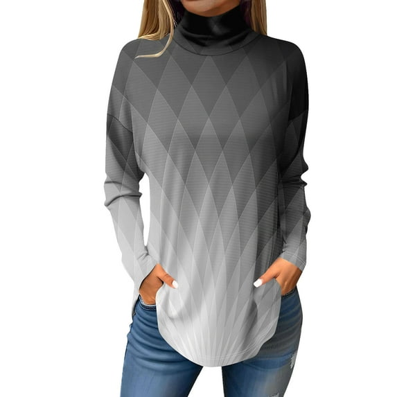 TQWQT Plus Size Mock Turtleneck for Women Color Block Print Mockneck Long Sleeve Floral Printed T Shirts Loose Fit Curved Hem Graphic Tee Fall Outfits 2024 Gray L