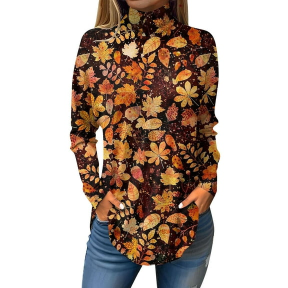 TQWQT Plus Size Mock Turtleneck for Women Loose Fit Floral Print Tunic Top Long Sleeve Mockneck T-Shirt Curved Hem Graphic Tee Fall Outfits 2024 Earthy Yellow 3XL