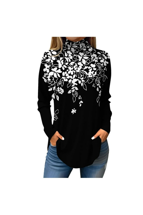 TQWQT Plus Size Mock Turtleneck for Women Loose Fit Floral Print Tunic Top Long Sleeve Turtleneck T-Shirts Curved Hem Graphic Tee Fall Outfits 2024 Black M